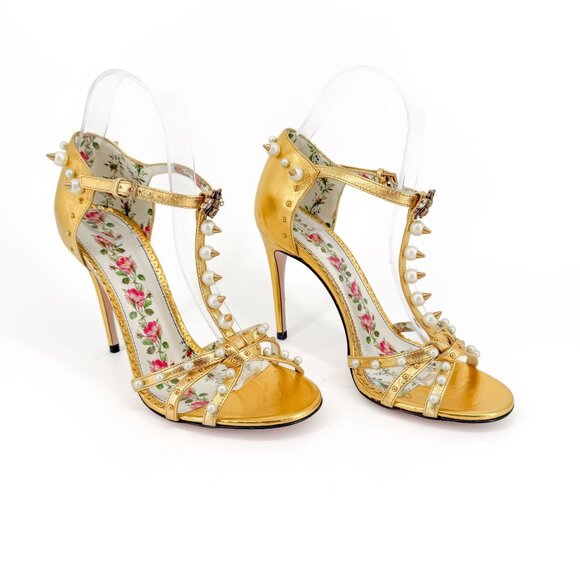Gucci Shoes - Gucci Regina Metallic Gold Pearl Studded T-Strap Heels Bee GG Size 37.5 US 7.5